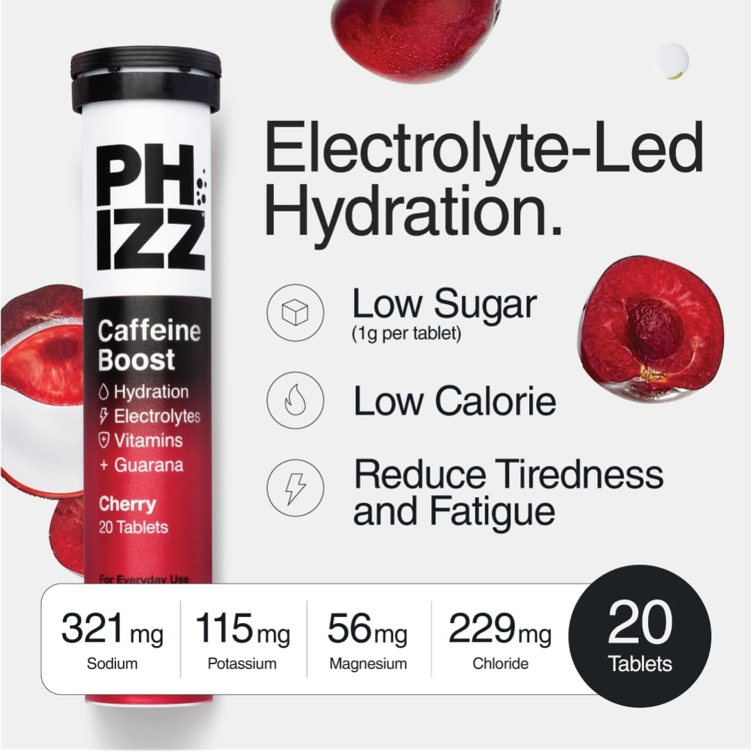 Phizz 3-in-1 + Caffeine Boost Multivitamin & Rehydration Electrolyte Effervescent 12x20 240 Tabs Cherry