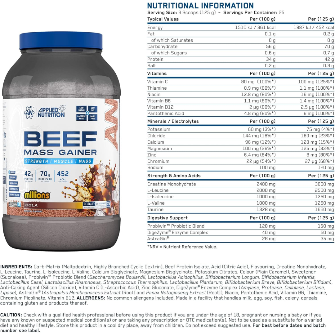 Applied Nutrition Beef Mass Gainer 3.13kg Cola Millions