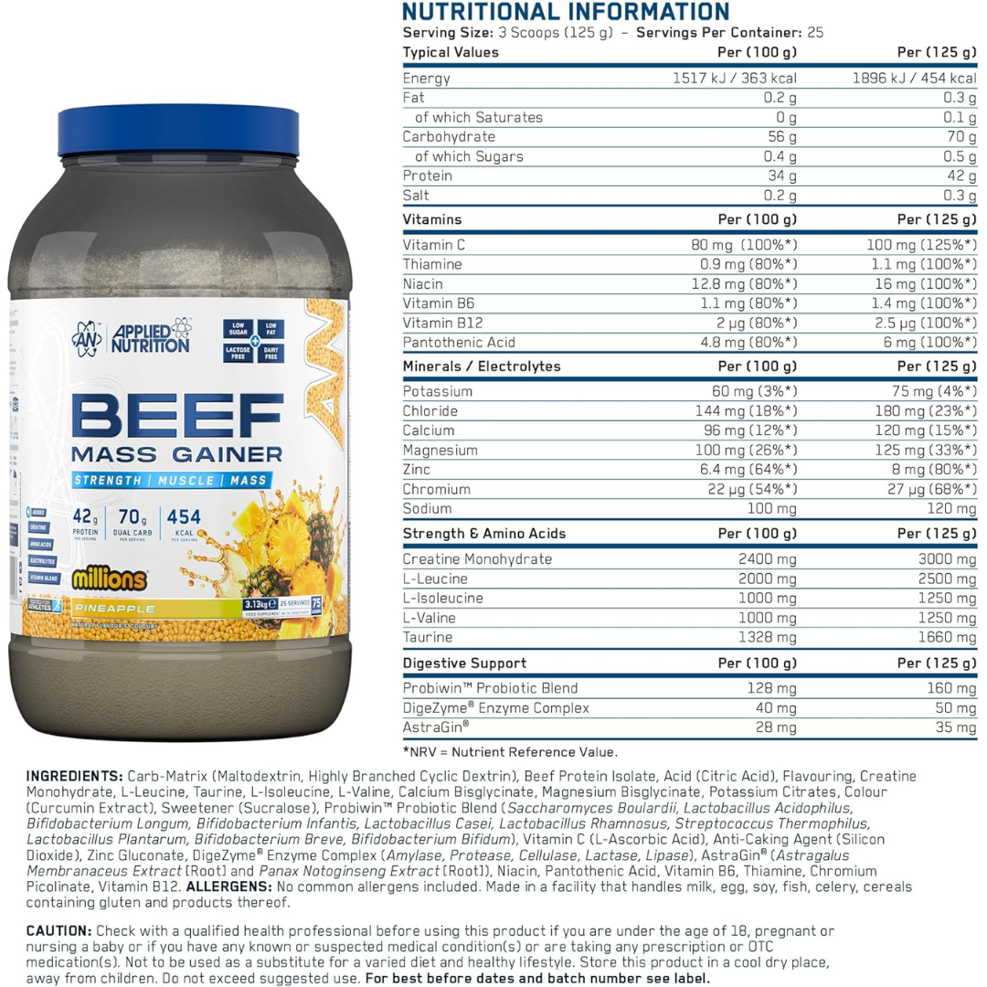 Applied Nutrition Beef Mass Gainer 3.13kg Pineapple Millions