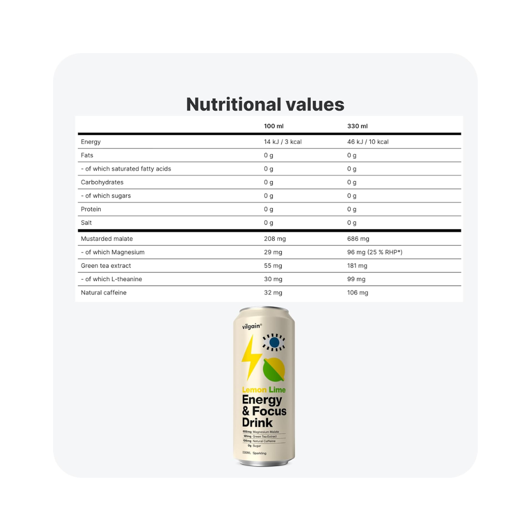 Vilgain Energy & Focus Drink 24x330ml Lemon and Lime