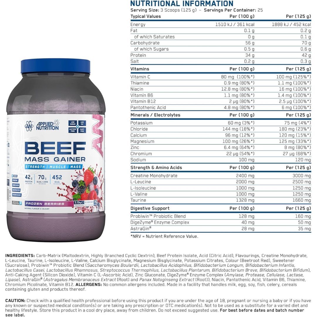Applied Nutrition Beef Mass Gainer 3.13kg Frozen Berries
