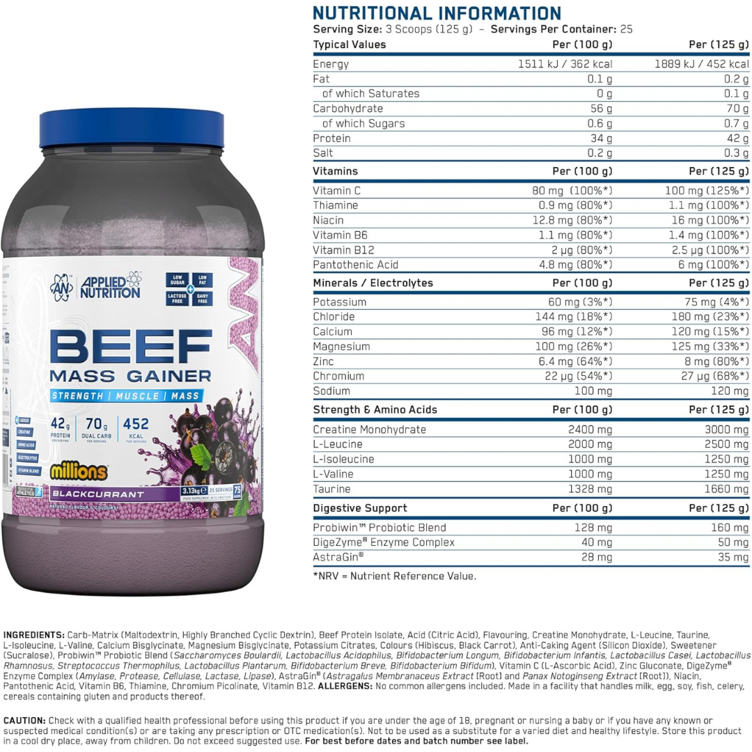 Applied Nutrition Beef Mass Gainer 3.13kg Blackcurrant Millions