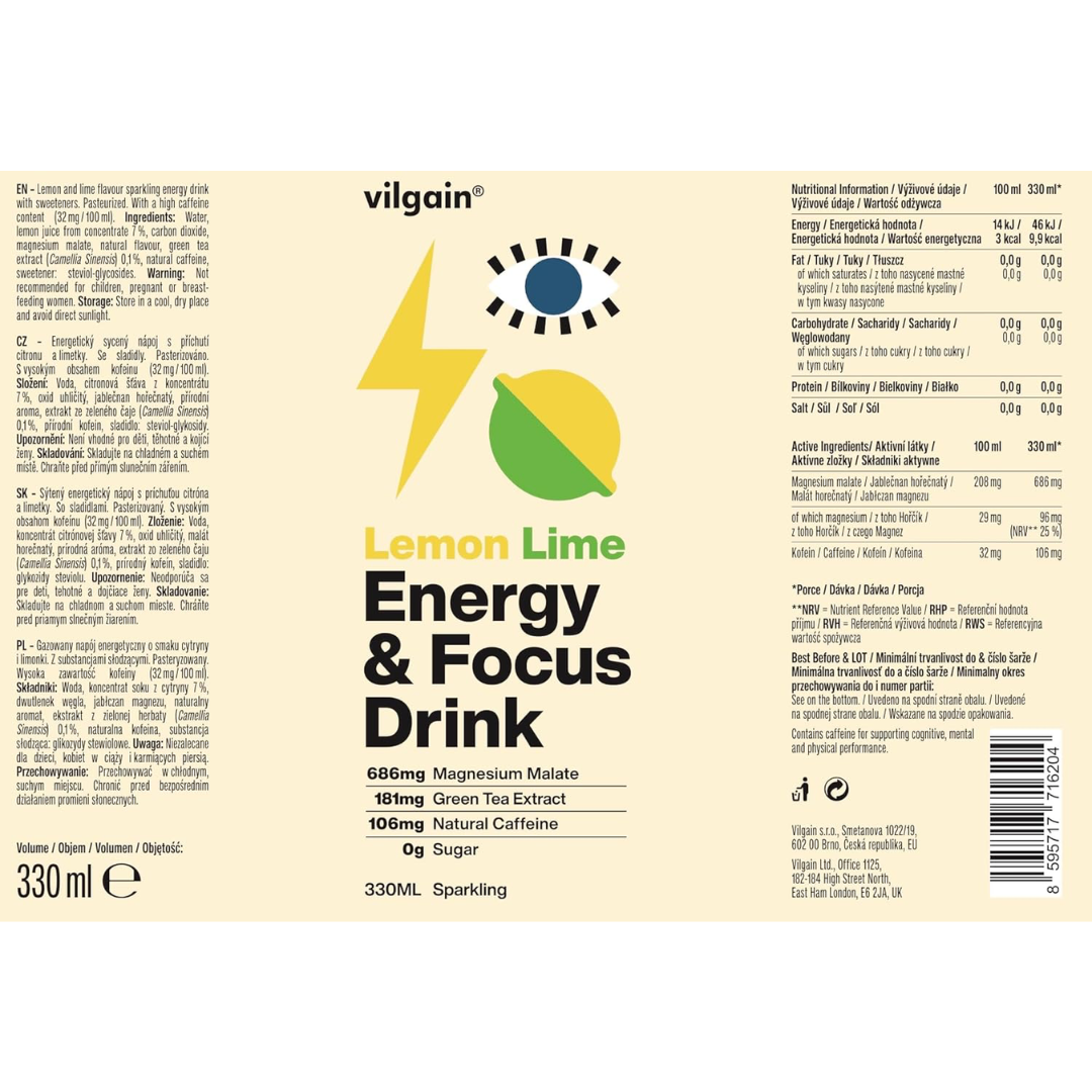Vilgain Energy & Focus Drink 24x330ml Lemon and Lime