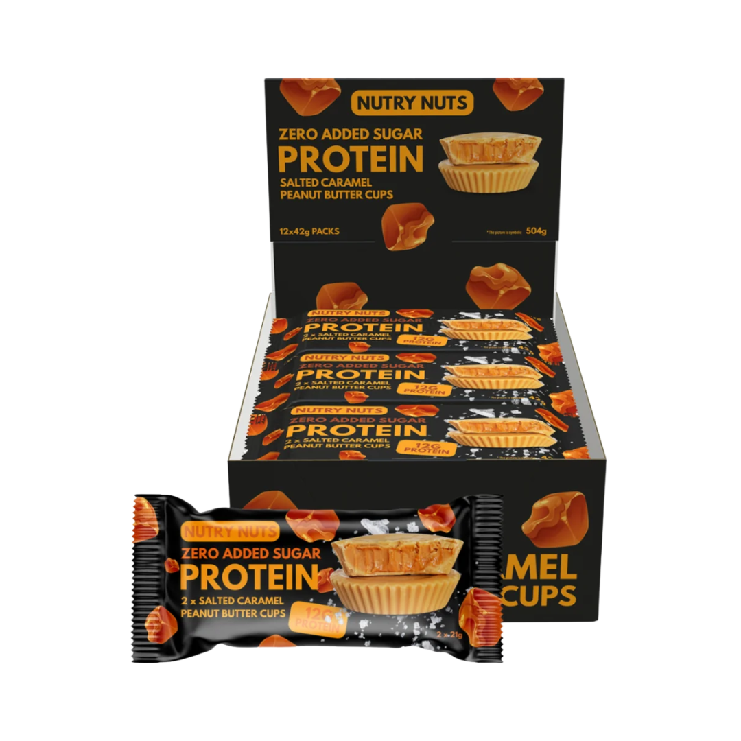 Nutry Nuts Zero Added Sugar Protein Peanut Butter Cups 12x42g Salted Caramel & Peanut