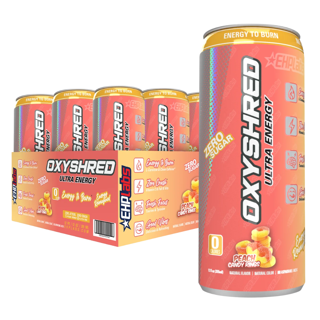 EHP Labs Oxyshred Ultra Energy Drink 12x330ml Peach Candy Rings