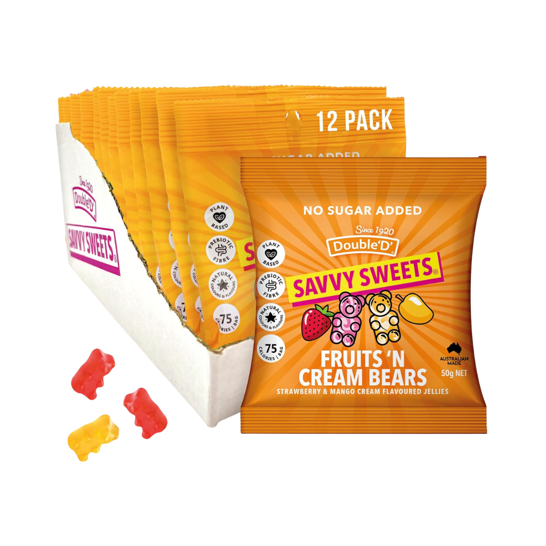 Savvy Sweets Fruits & Cream Bears 12x50g Mango and Strawberry