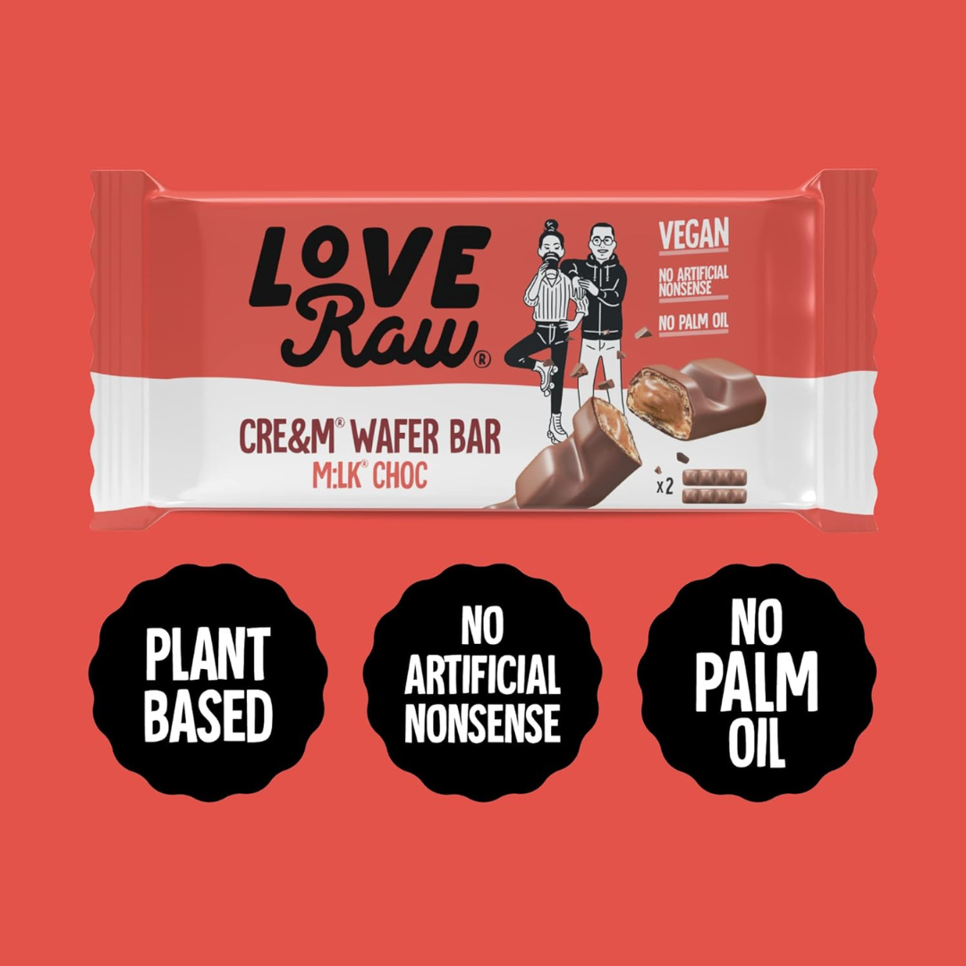 LoveRaw Vegan Cre&m Filled Wafer Bar 12x43g M:lk Choc