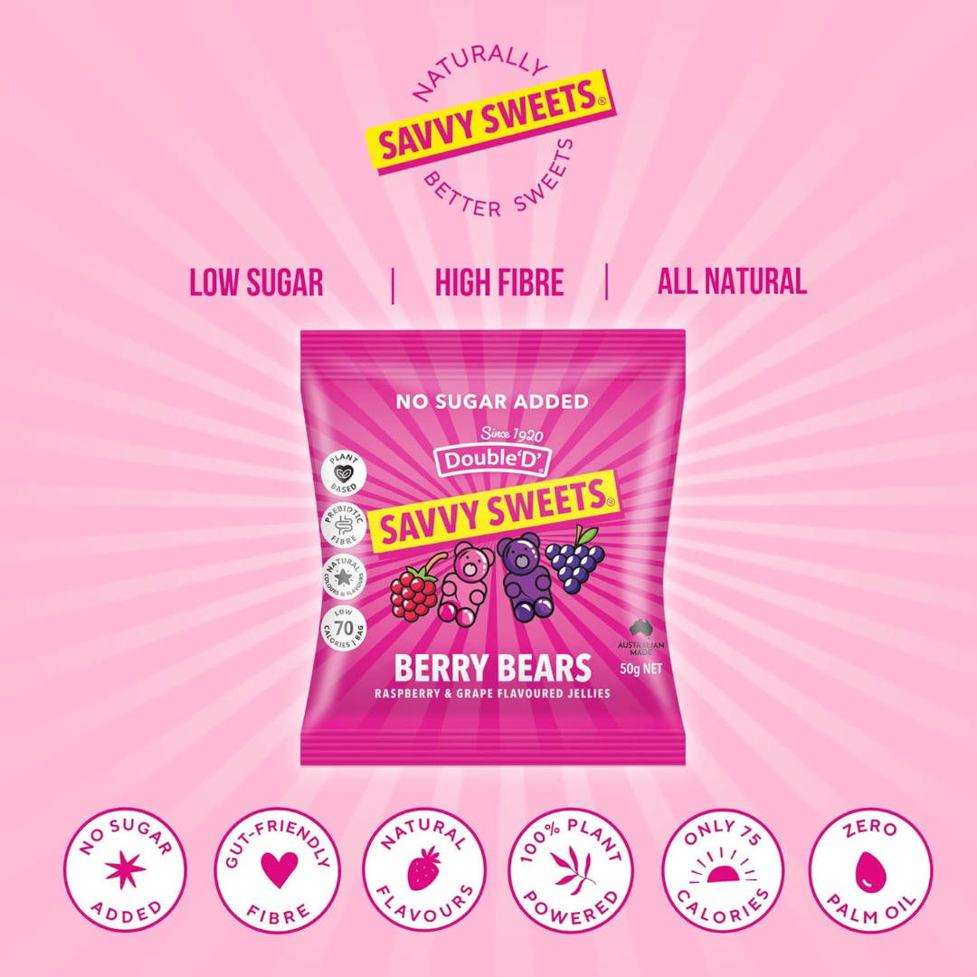 Savvy Sweets Berry Bears 12x50g Raspberry & Grape