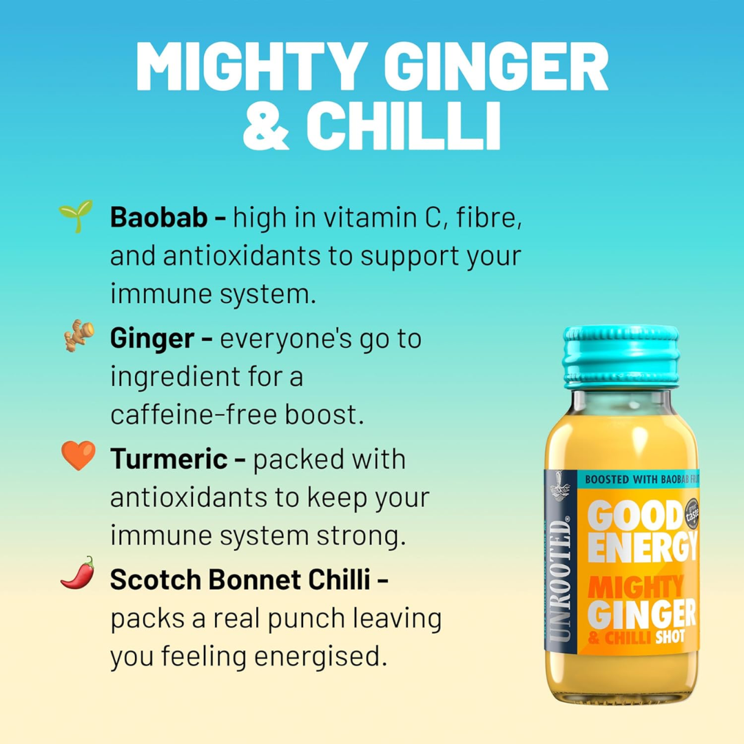 UNROOTED Drinks Health Shot 12x60ml Good Energy - Mighty Ginger & Chilli