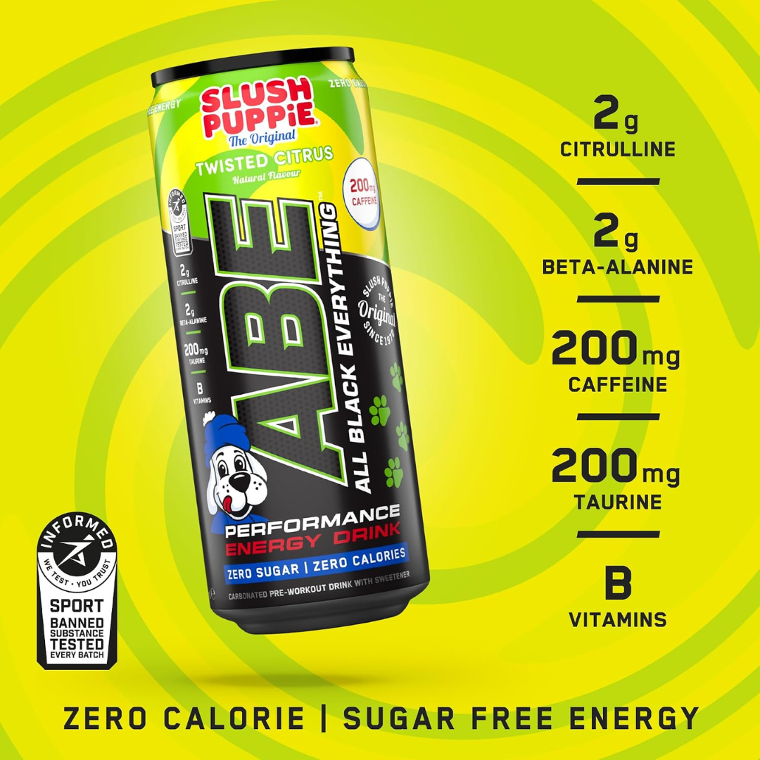Applied Nutrition ABE (All Black Everything) Carbonated Can 12x330ml Slush Puppie Twist