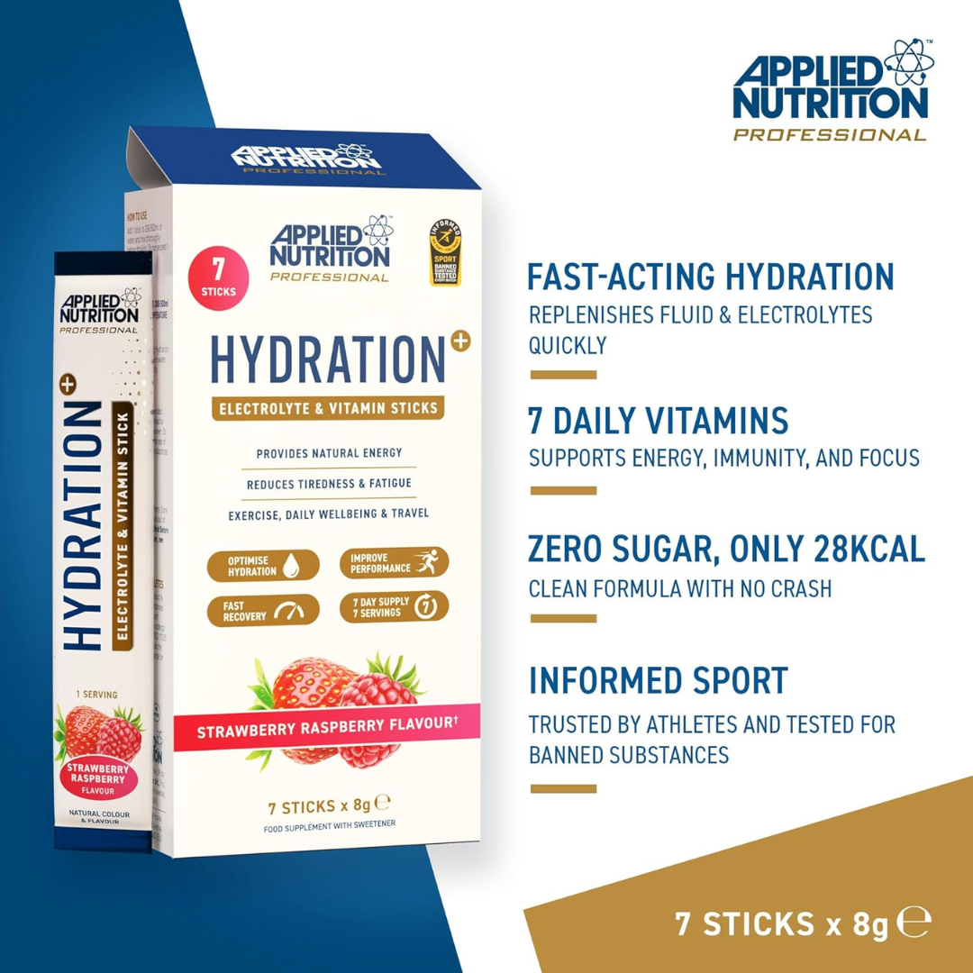 Applied Nutrition Hydration+ Electrolyte & Vitamin Powder Sticks 7x8g Strawberry Raspberry