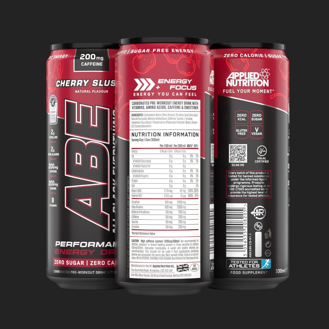 Applied Nutrition ABE (All Black Everything) Carbonated Can 12x330ml Cherry Slushie