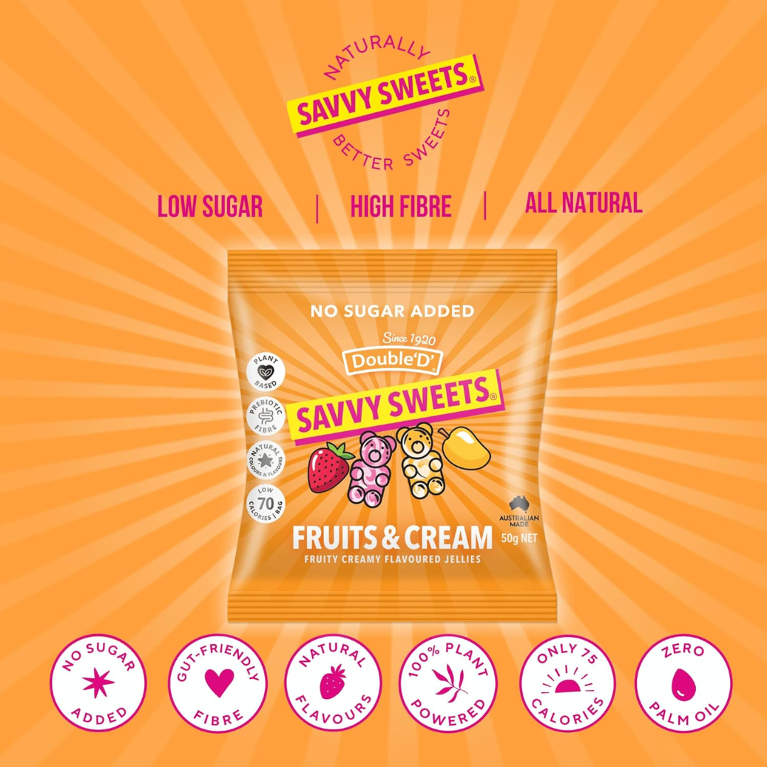 Savvy Sweets Fruits & Cream Bears 12x50g Mango and Strawberry
