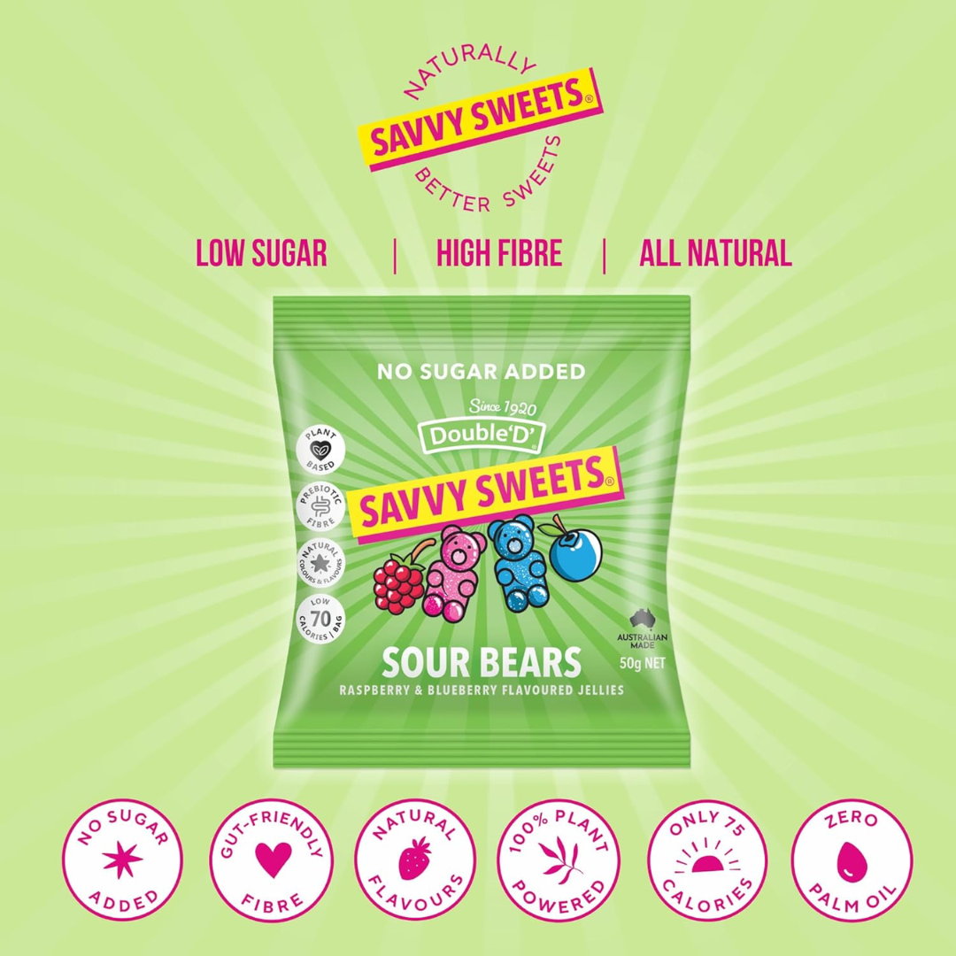 Savvy Sweets Sour Bears 12x50g Raspberry & Blueberry