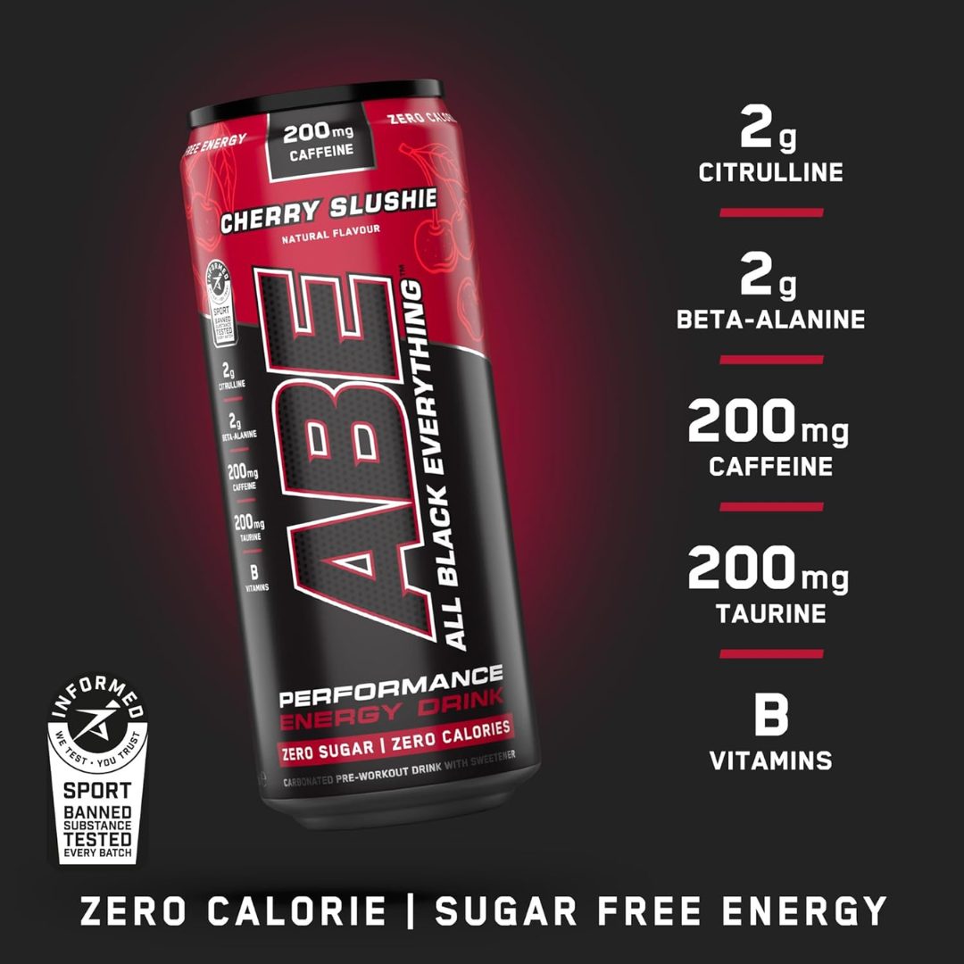 Applied Nutrition ABE (All Black Everything) Carbonated Can 12x330ml Cherry Slushie