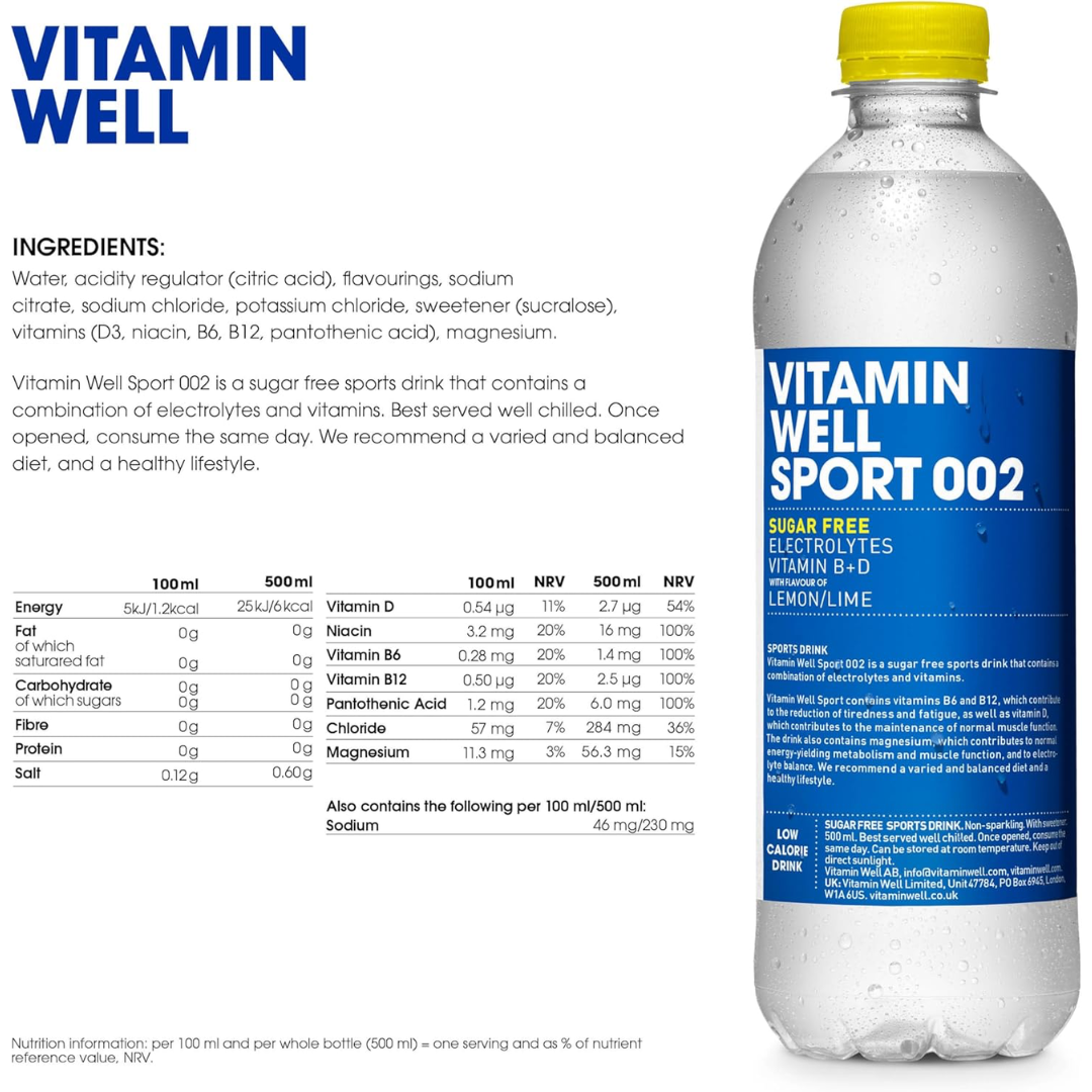 Vitamin Well Sport 002 Electrolyte Sugar Free 12x500ml Lemon/Lime