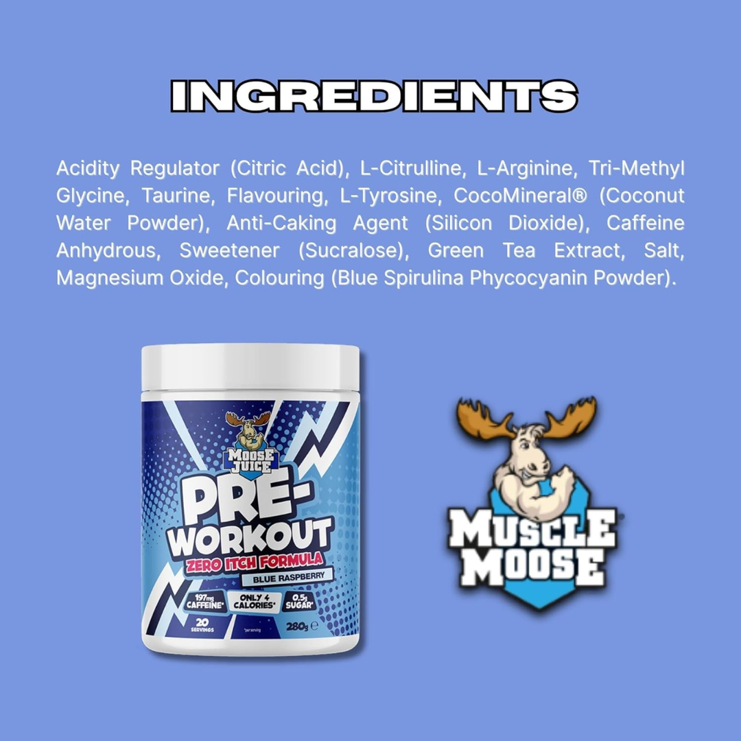 Muscle Moose Pre-Workout - Zero Itch Formula 280g Blue Raspberry