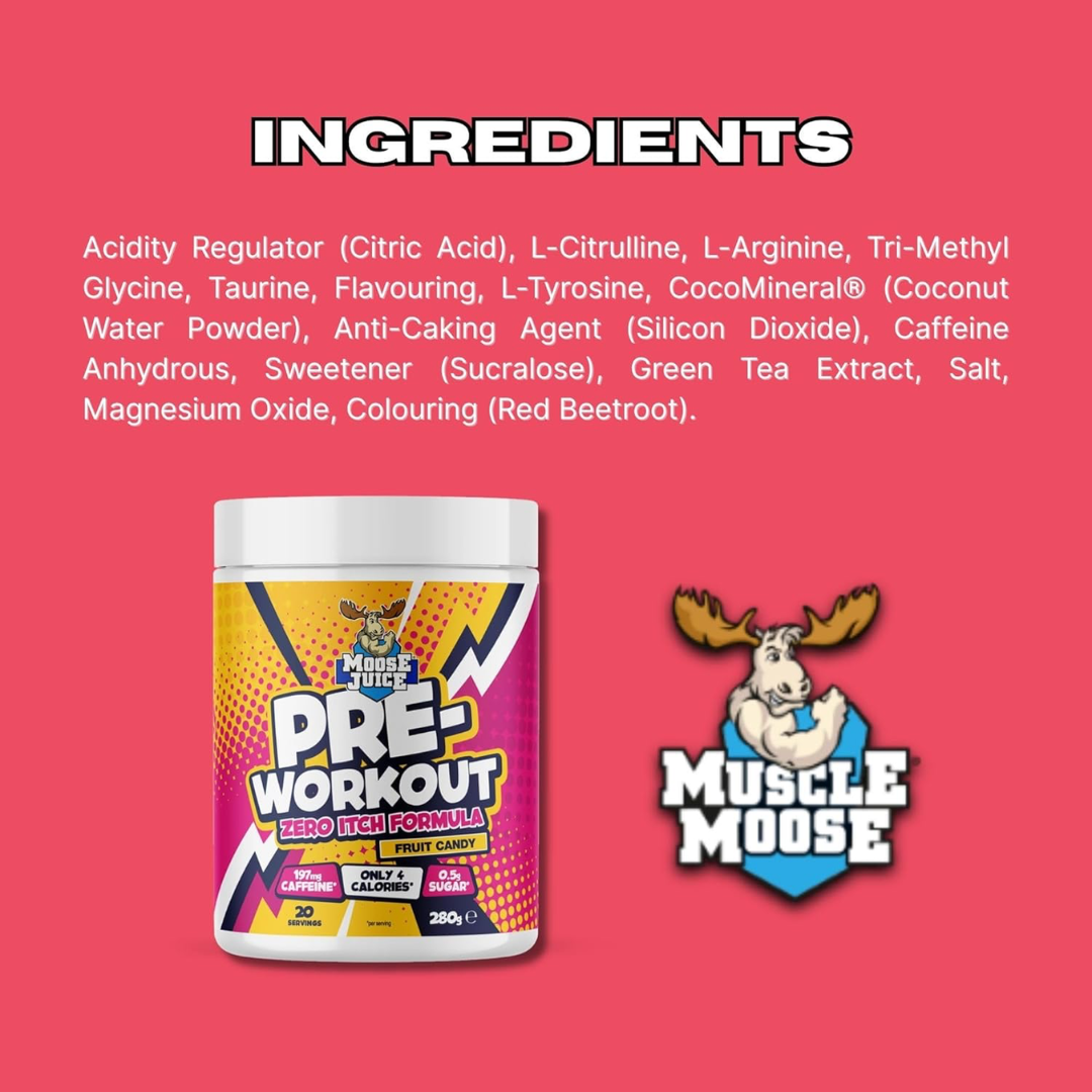 Muscle Moose Pre-Workout - Zero Itch Formula 280g Fruit Candy