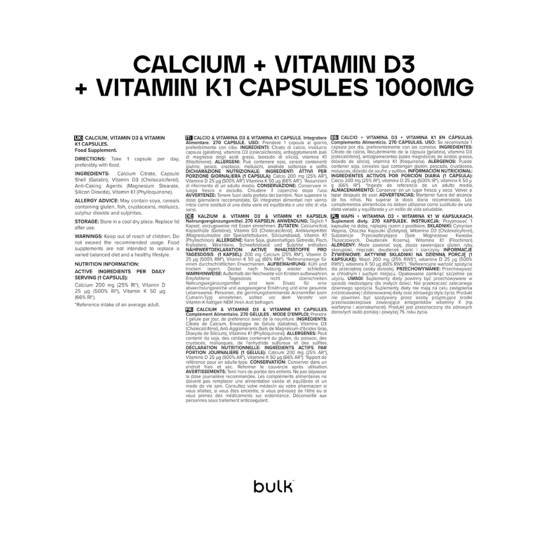 Bulk Calcium + Vitamin D3 + Vitamin K1 1000mg 270 Caps