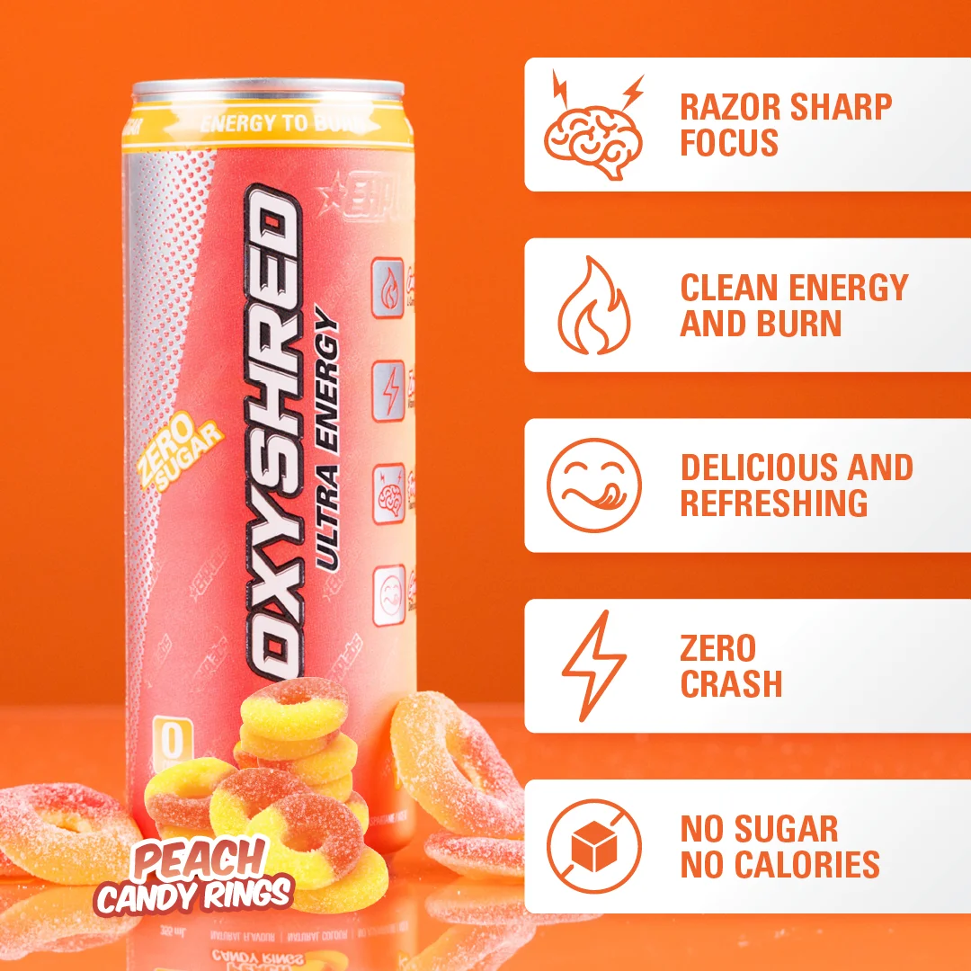 EHP Labs Oxyshred Ultra Energy Drink 12x330ml Peach Candy Rings