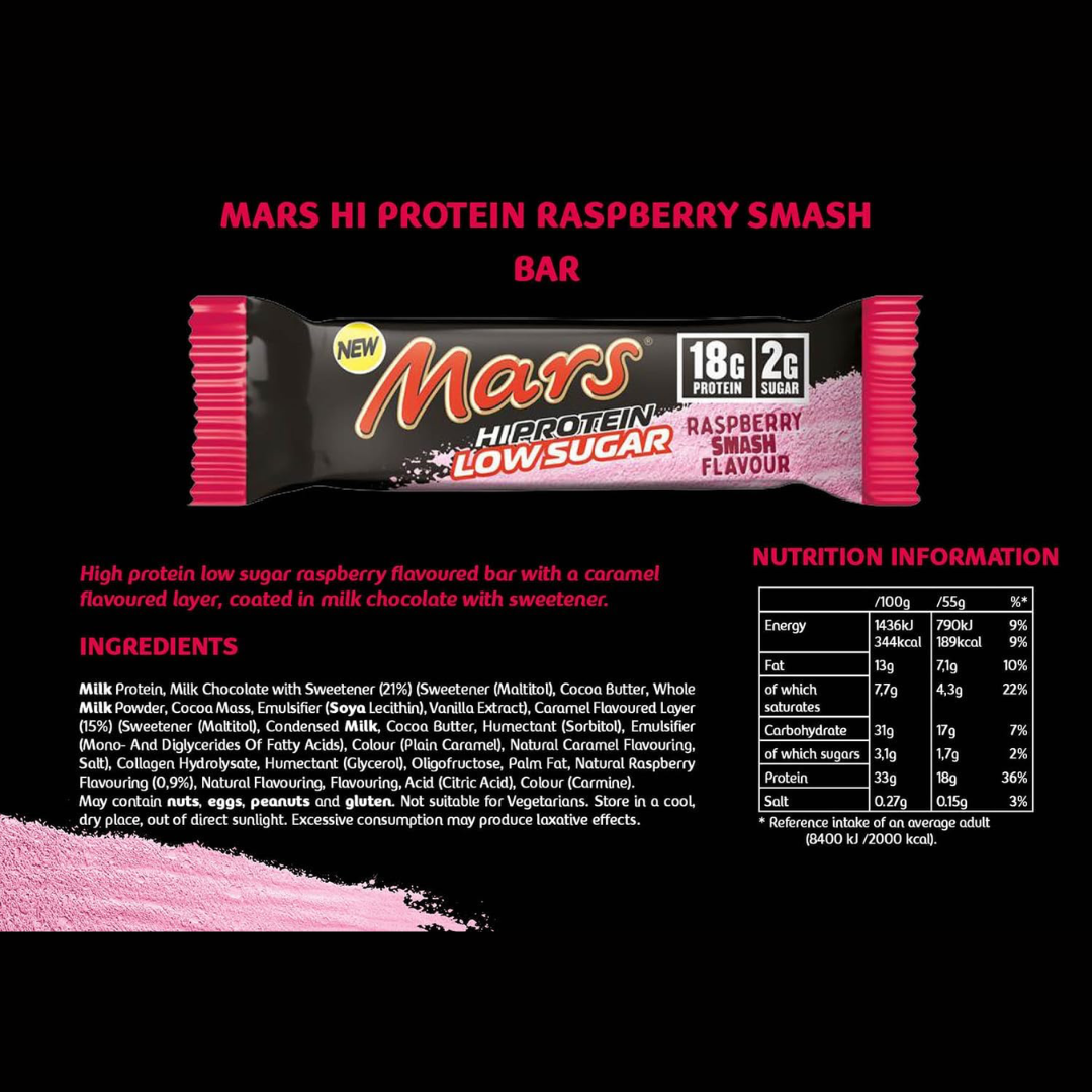 Mars Hi Protein Low Sugar 12x55g Raspberry Smash