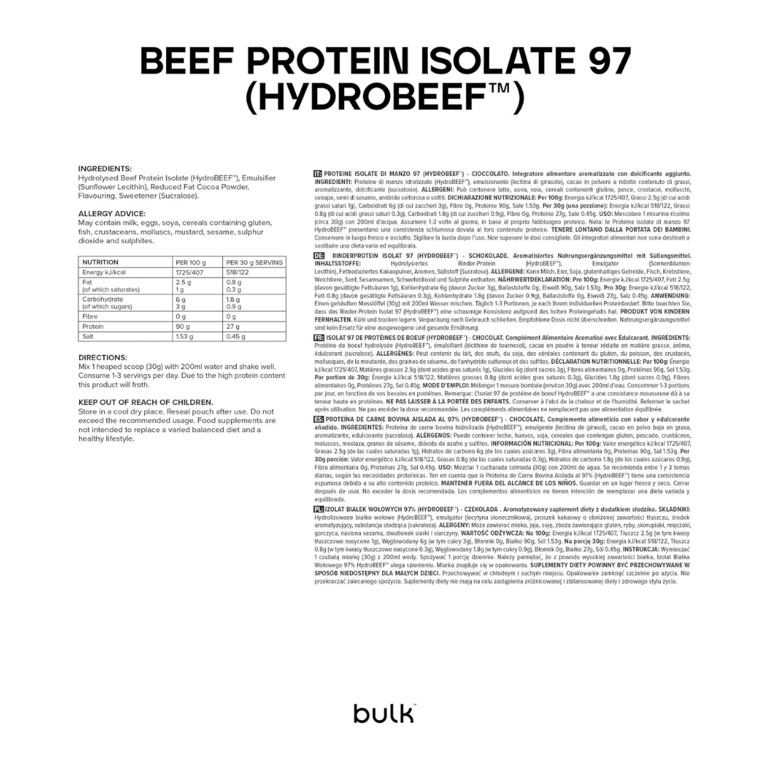 Bulk Beef Protein Isolate 97 (HydroBEEF) 1kg Chocolate