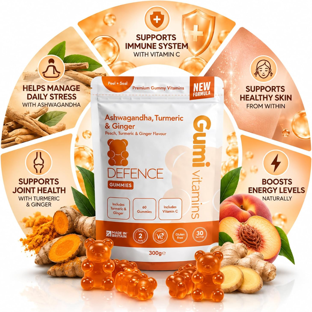 Gumi Vitamins DEFENCE - Ashwagandha, Ginger & Turmeric Gummies 300g Orange, Turmeric & Ginger