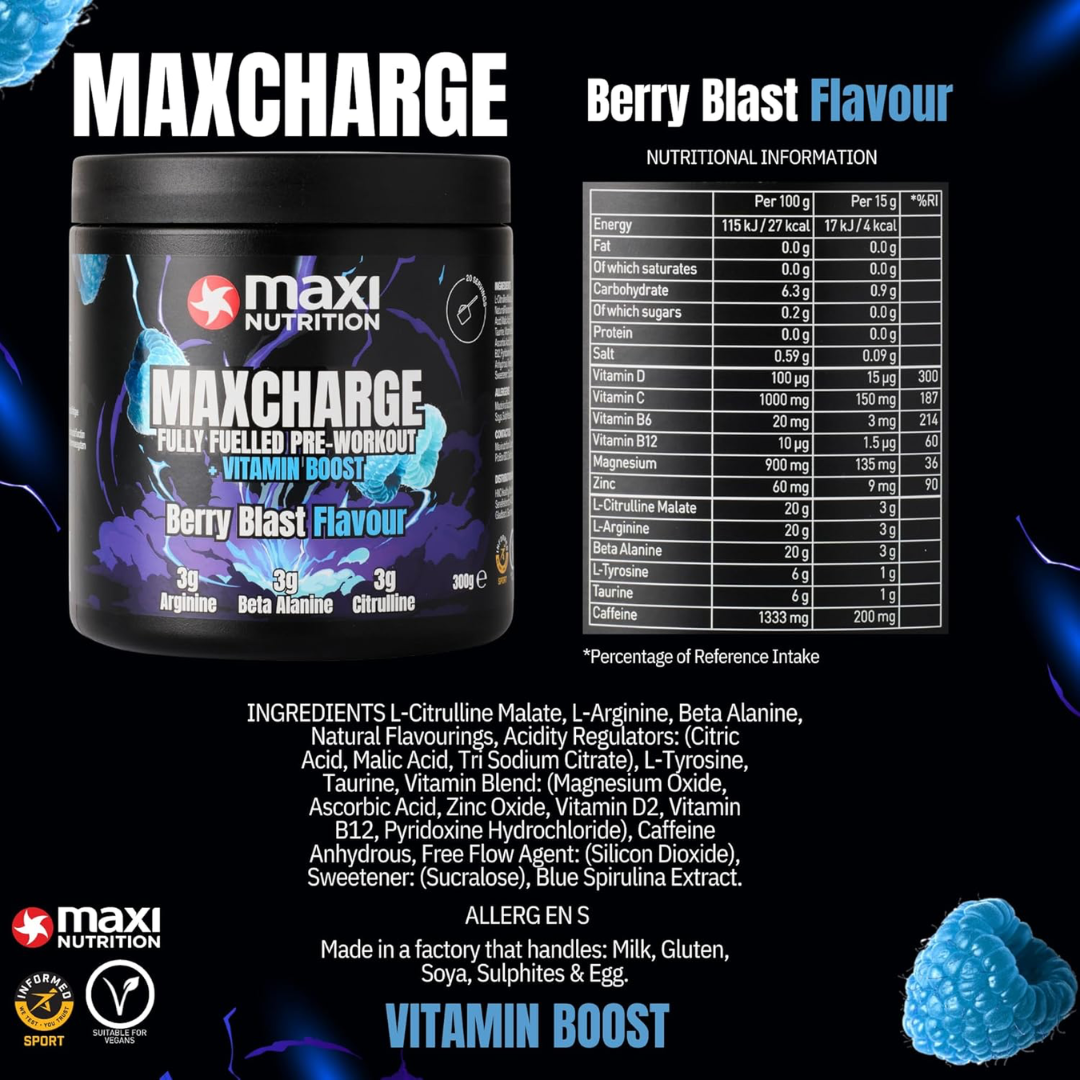 Maxi Nutrition Max Charge Vitamin Boosted Pre-Workout 300g Berry Blast
