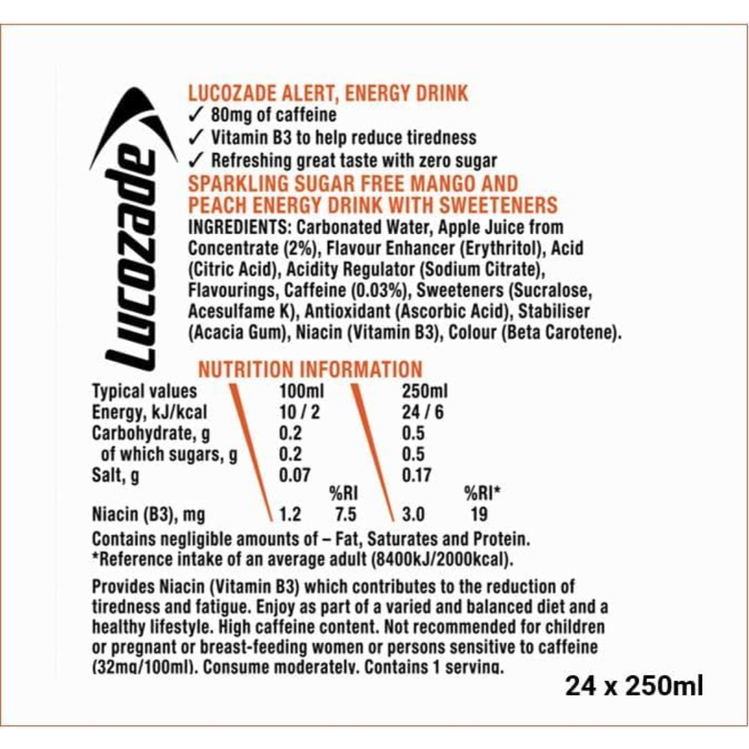 Lucozade Alert Zero 24x250ml Mango Peachade