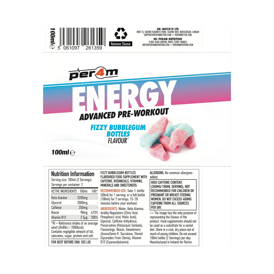 Per4m Energy Pre Workout Shot 12x100ml Fizzy Bubblegum Bottles