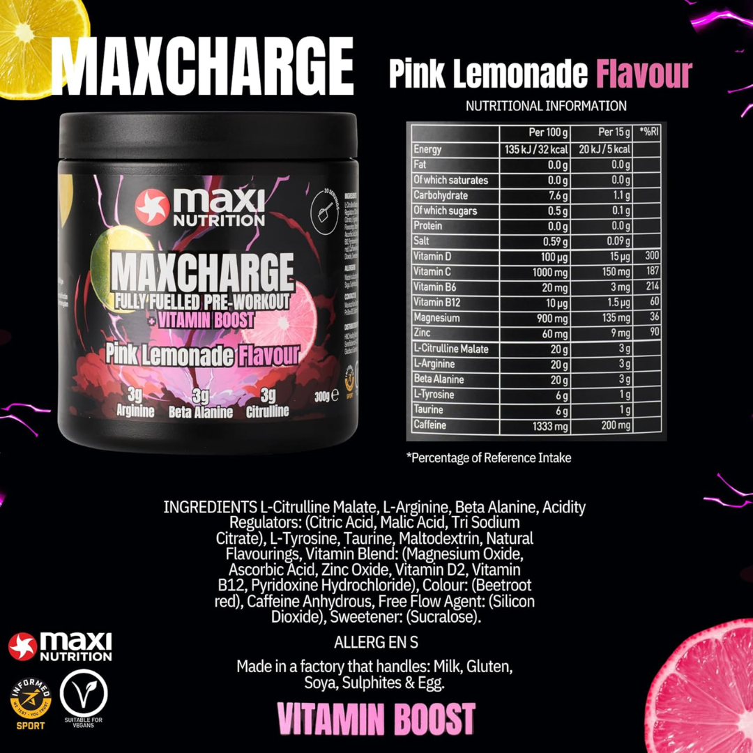 Maxi Nutrition Max Charge Vitamin Boosted Pre-Workout 300g Pink Lemonade