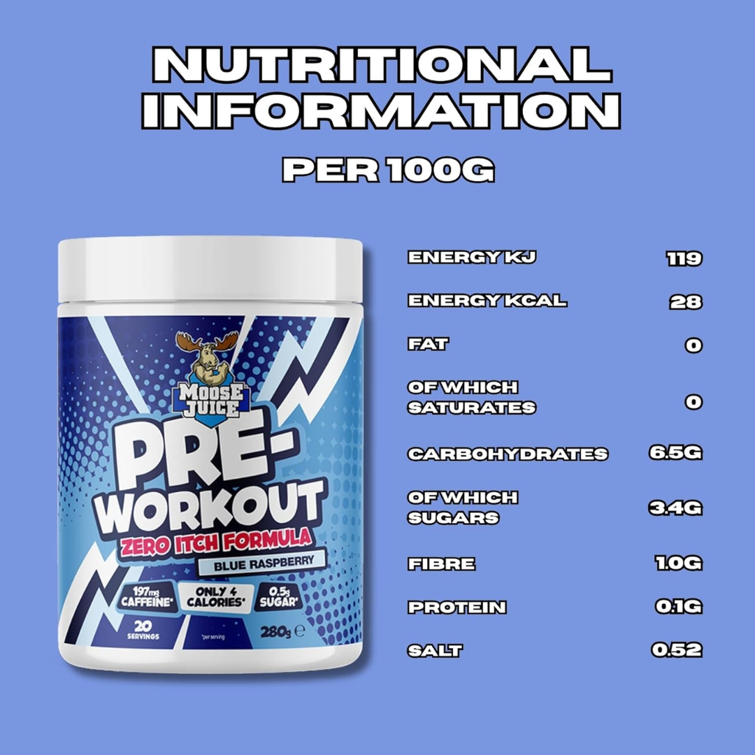 Muscle Moose Pre-Workout - Zero Itch Formula 280g Blue Raspberry