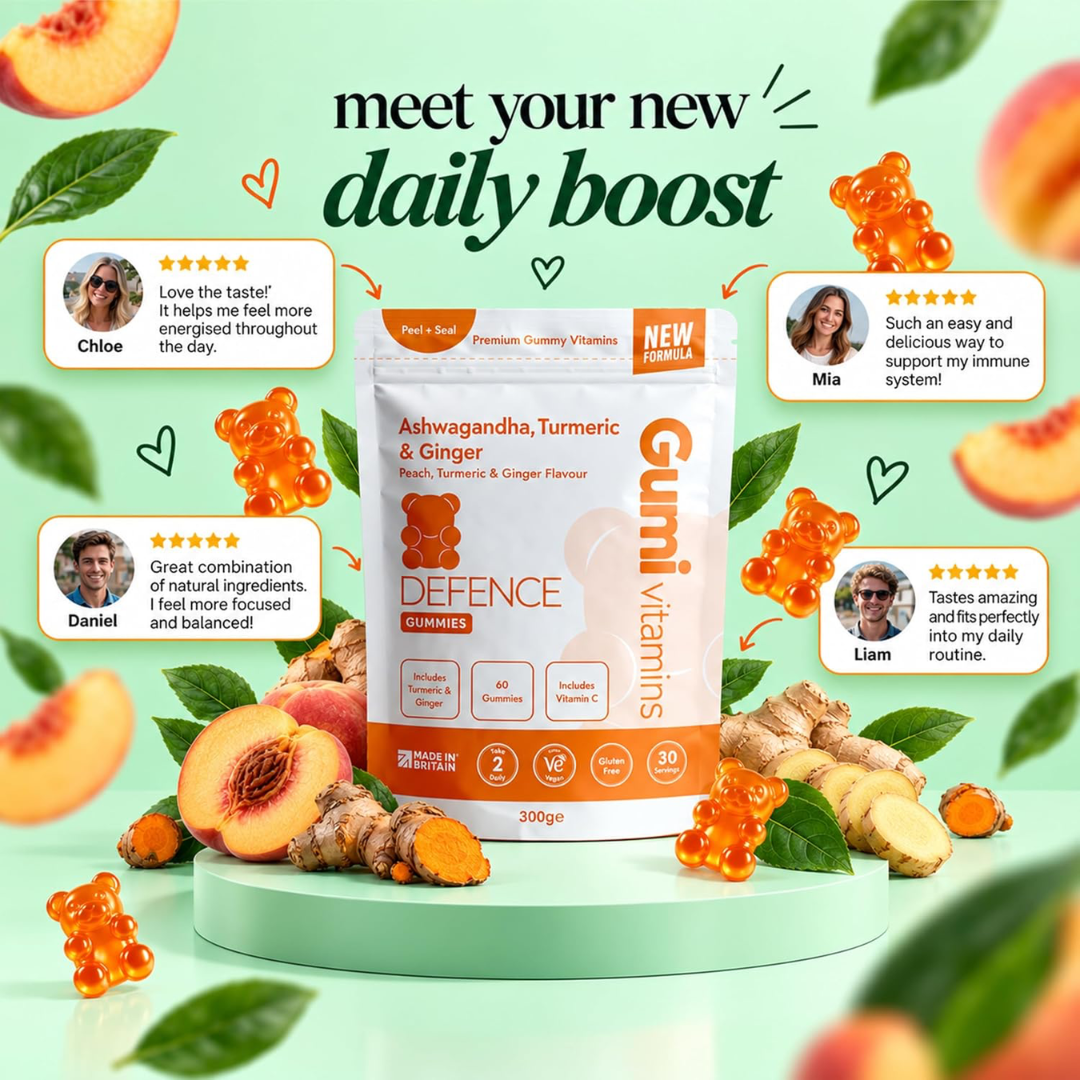Gumi Vitamins DEFENCE - Ashwagandha, Ginger & Turmeric Gummies 300g Orange, Turmeric & Ginger