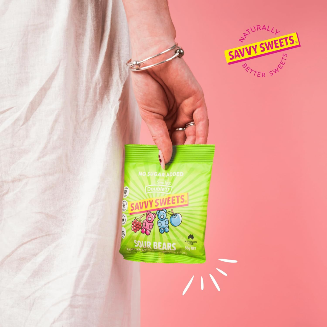 Savvy Sweets Sour Bears 12x50g Raspberry & Blueberry