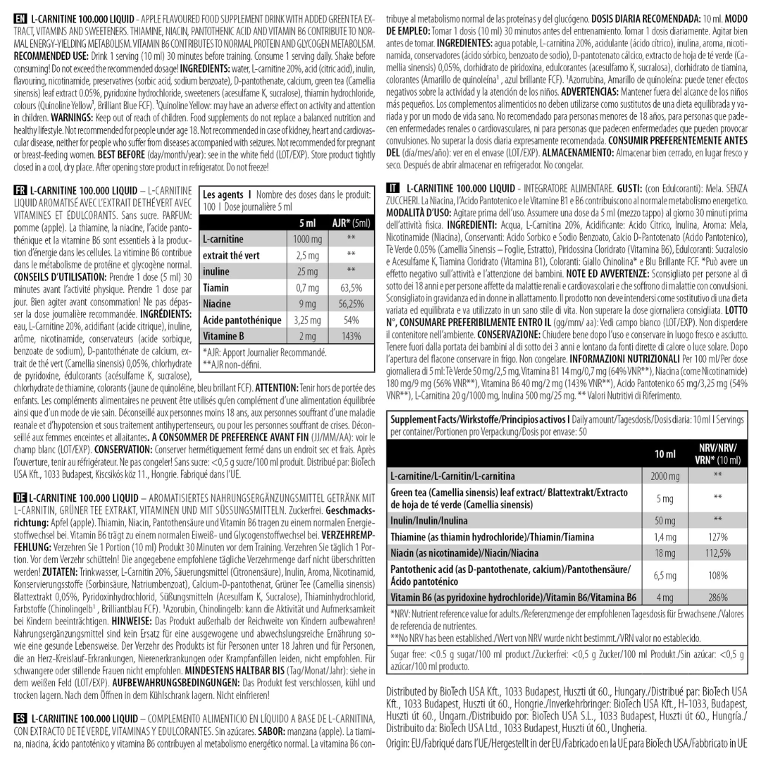 BioTech USA L-Carnitine 100.000 Liquid 500ml Apple
