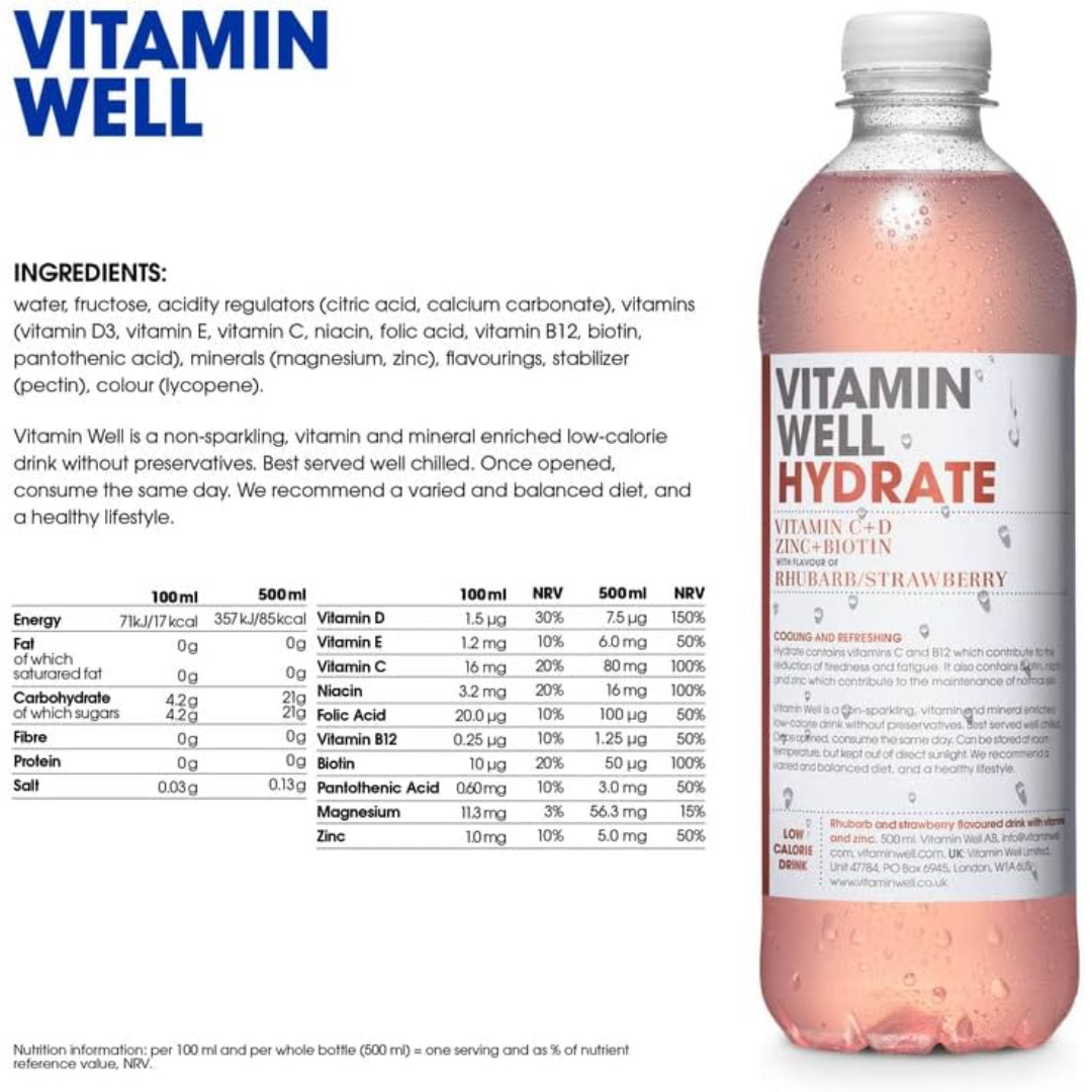 Vitamin Well Hydrate 12x500ml Rhubarb & Strawberry