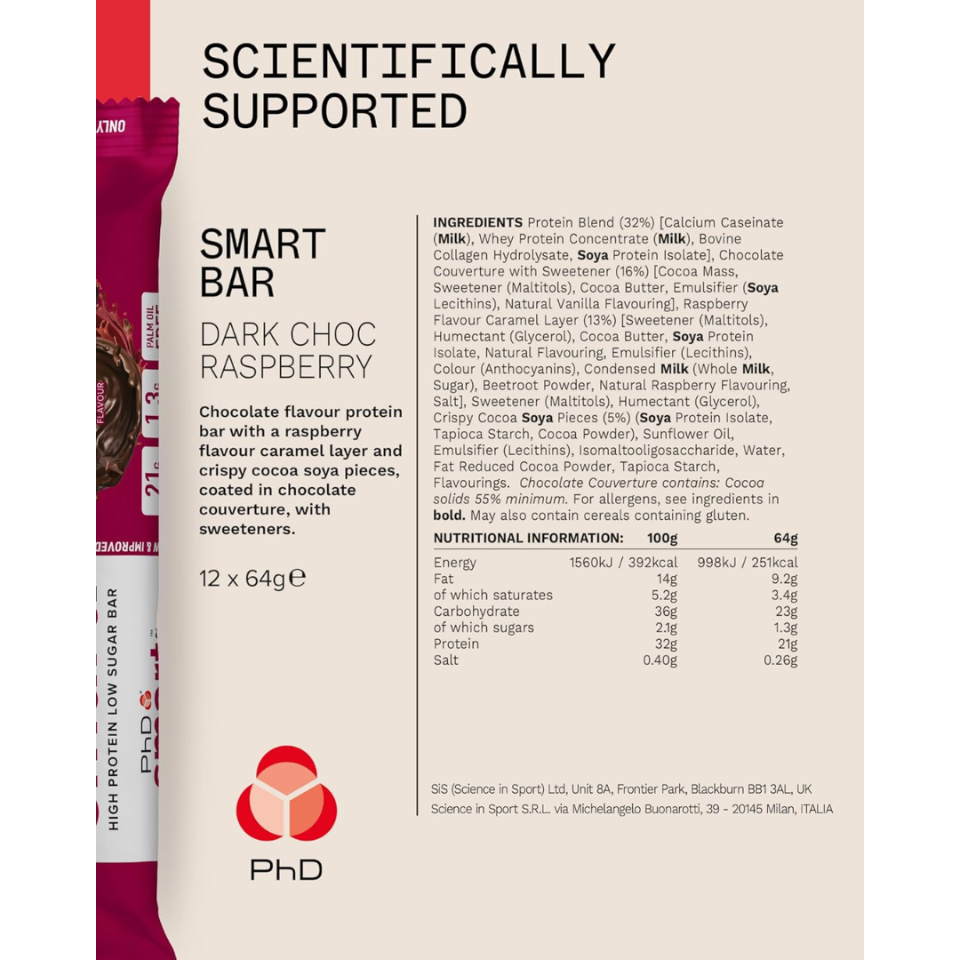 PhD Nutrition Smart Bar 12x64g Dark Choc Raspberry