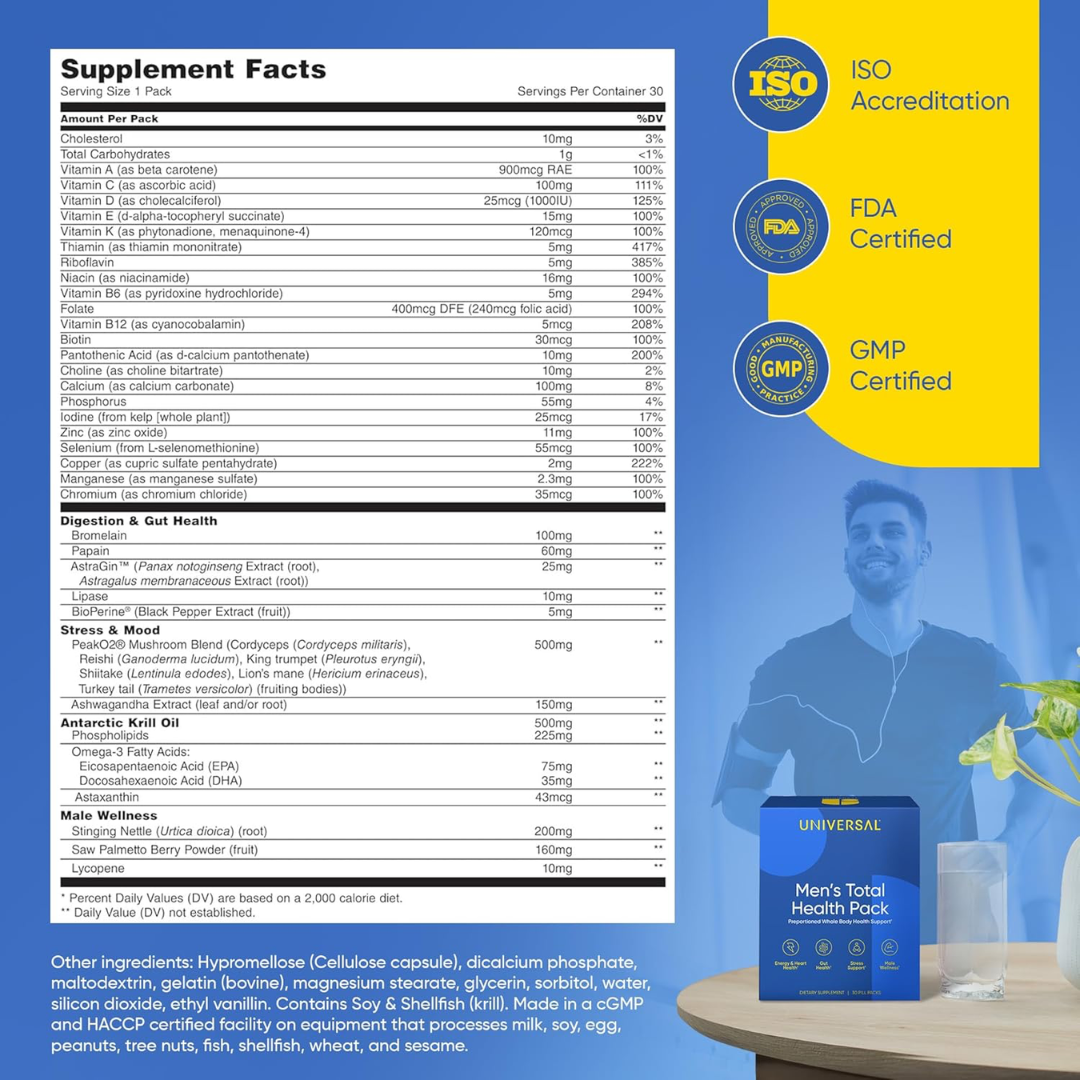 Universal Nutrition Men's Total Health Pack 30 Packs