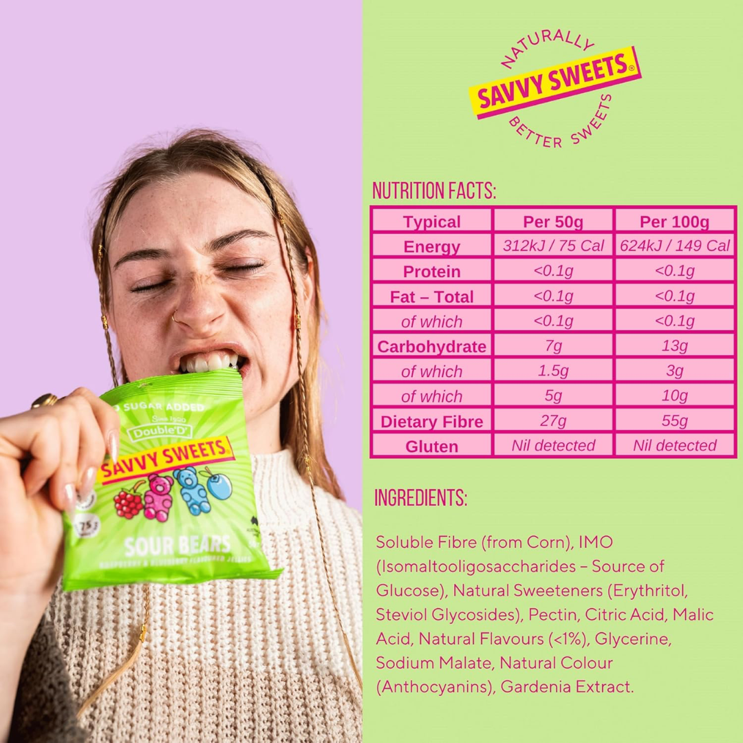 Savvy Sweets Sour Bears 12x50g Raspberry & Blueberry