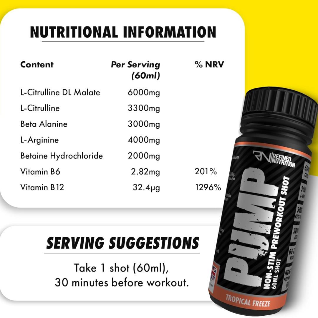 Refined Nutrition PUMP Non-Stim Pre-workout Shots 12x60ml Tropical Freeze