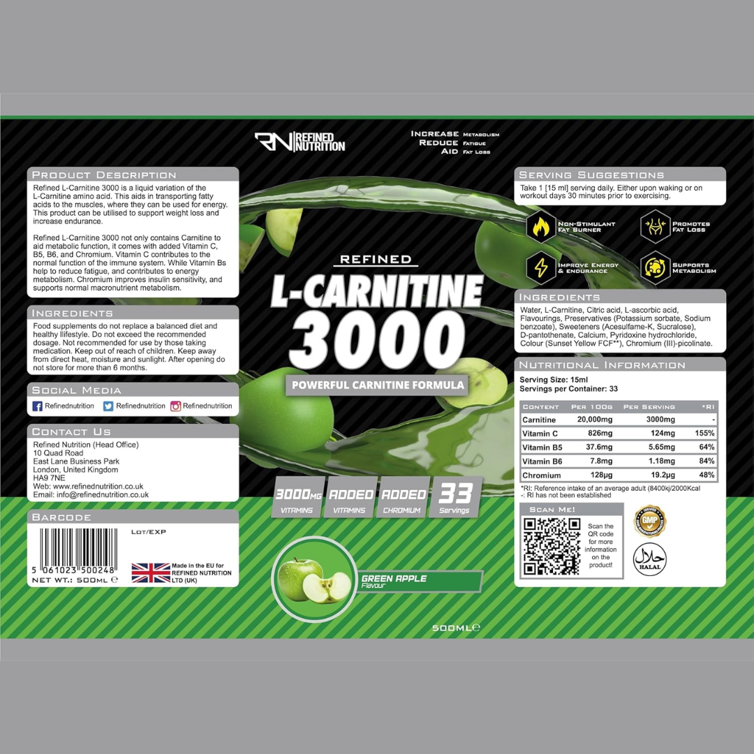 Refined Nutrition L-Carnitine 3000 500ml Green Apple