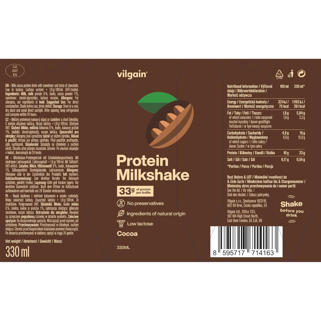 Vilgain Protein Milkshake 12x330ml Cocoa