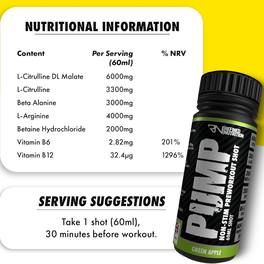 Refined Nutrition PUMP Non-Stim Pre-workout Shots 12x60ml Green Apple