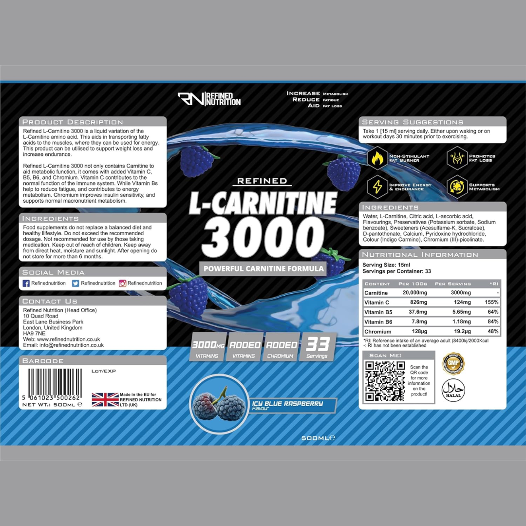 Refined Nutrition L-Carnitine 3000 500ml Icy Blue Raspberry
