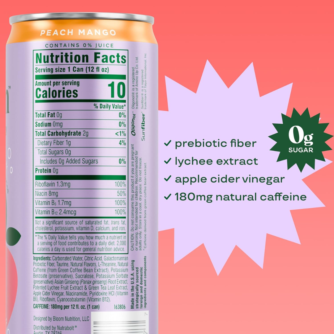 Bloom Sparkling Energy 12x250ml Peach Mango