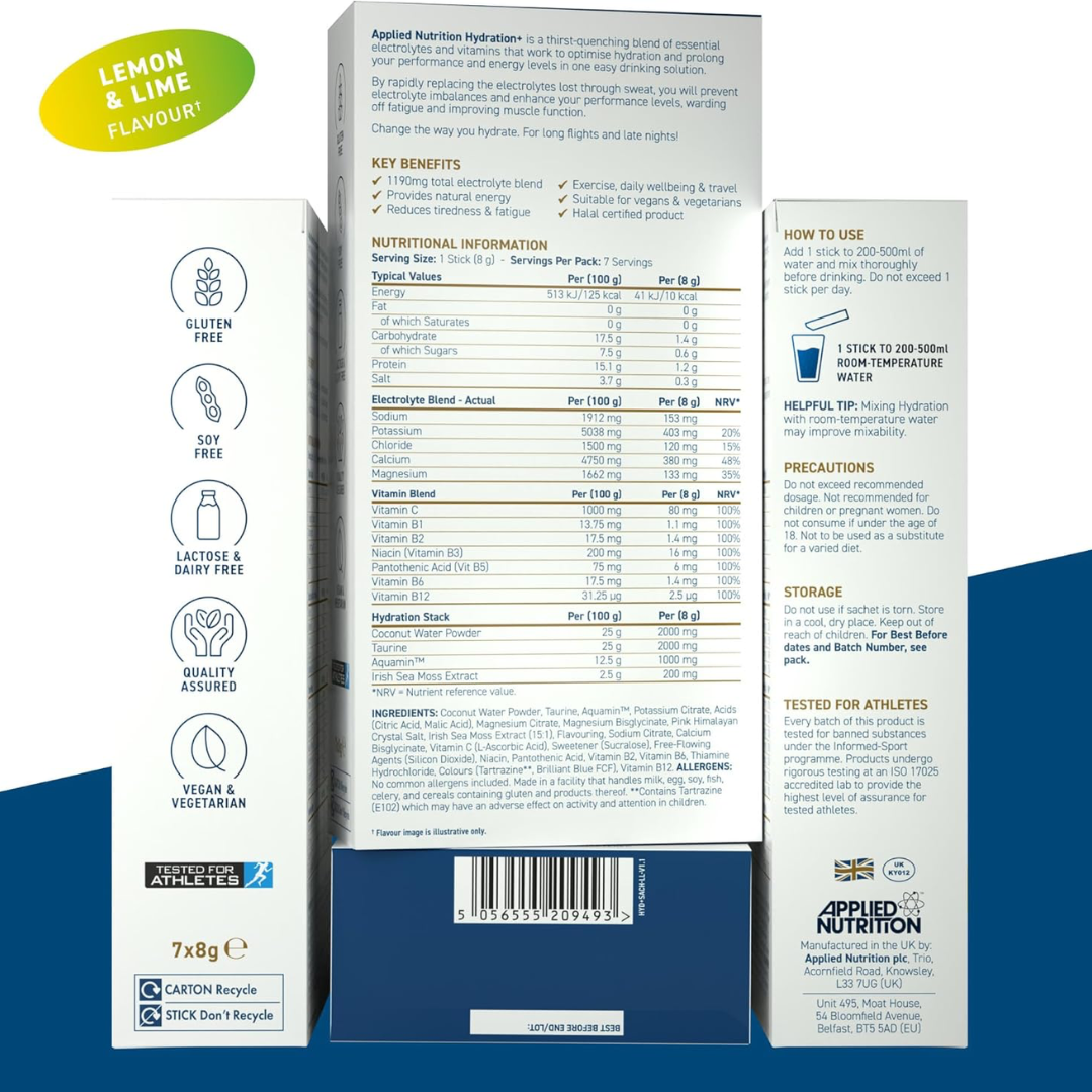 Applied Nutrition Hydration+ Electrolyte & Vitamin Powder Sticks 7x8g Lemon and Lime