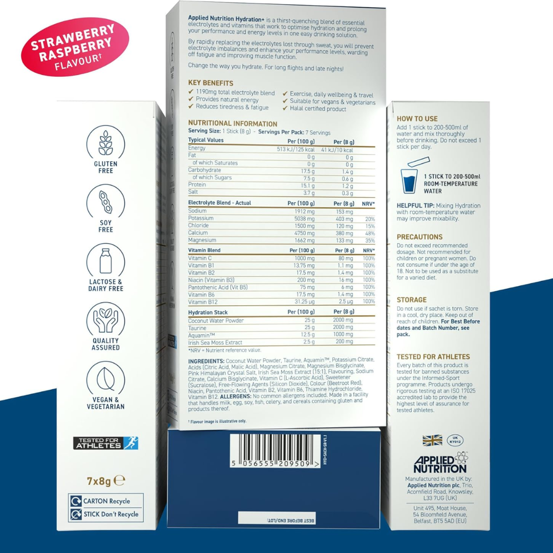 Applied Nutrition Hydration+ Electrolyte & Vitamin Powder Sticks 7x8g Strawberry Raspberry