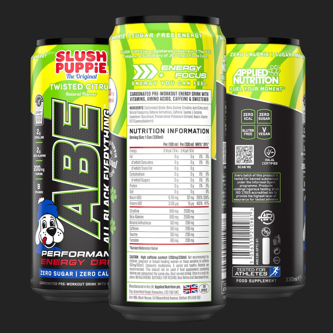 Applied Nutrition ABE (All Black Everything) Carbonated Can 12x330ml Slush Puppie Twist