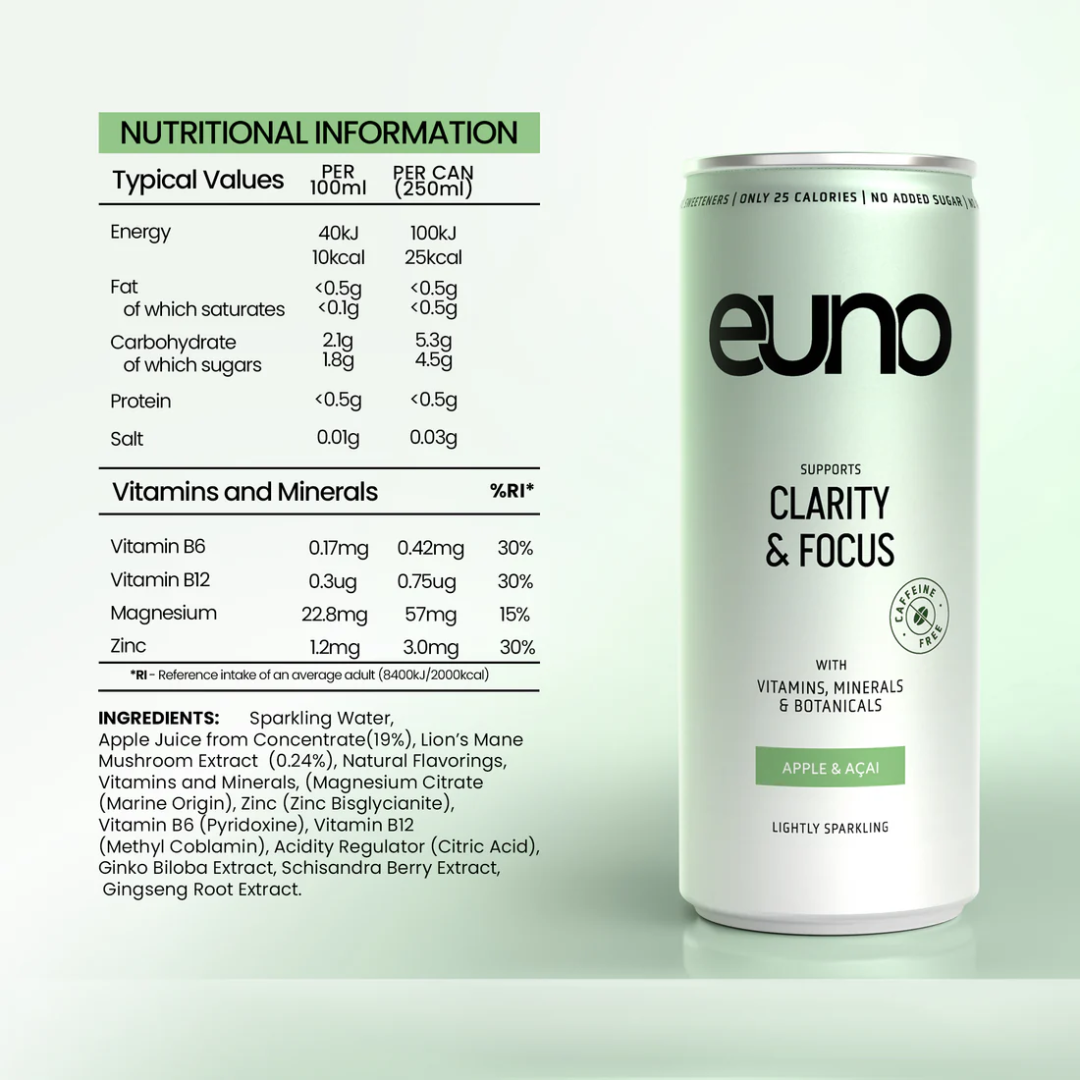Euno Clarity & Focus Nootropics Drink 12x250ml Apple Acai