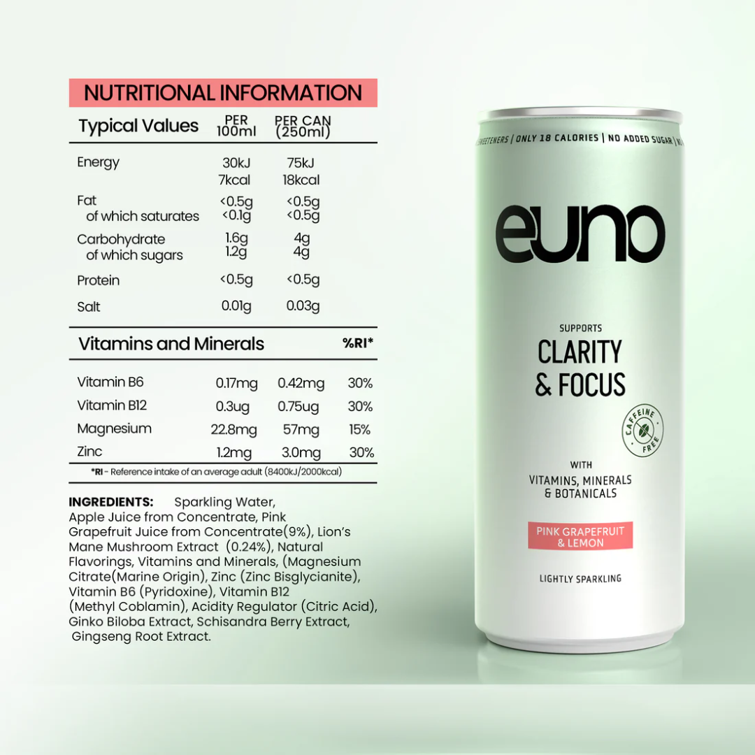 Euno Clarity & Focus Nootropics Drink 12x250ml Pink Grapefruit Lemon